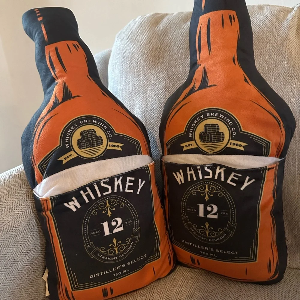 🆕2 Whiskey Shaped Throw Pillows